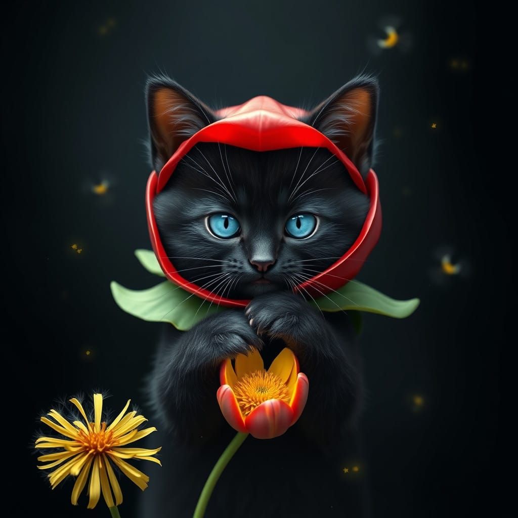 Whimsical Black Kitten in Vibrant Tulip Hat
