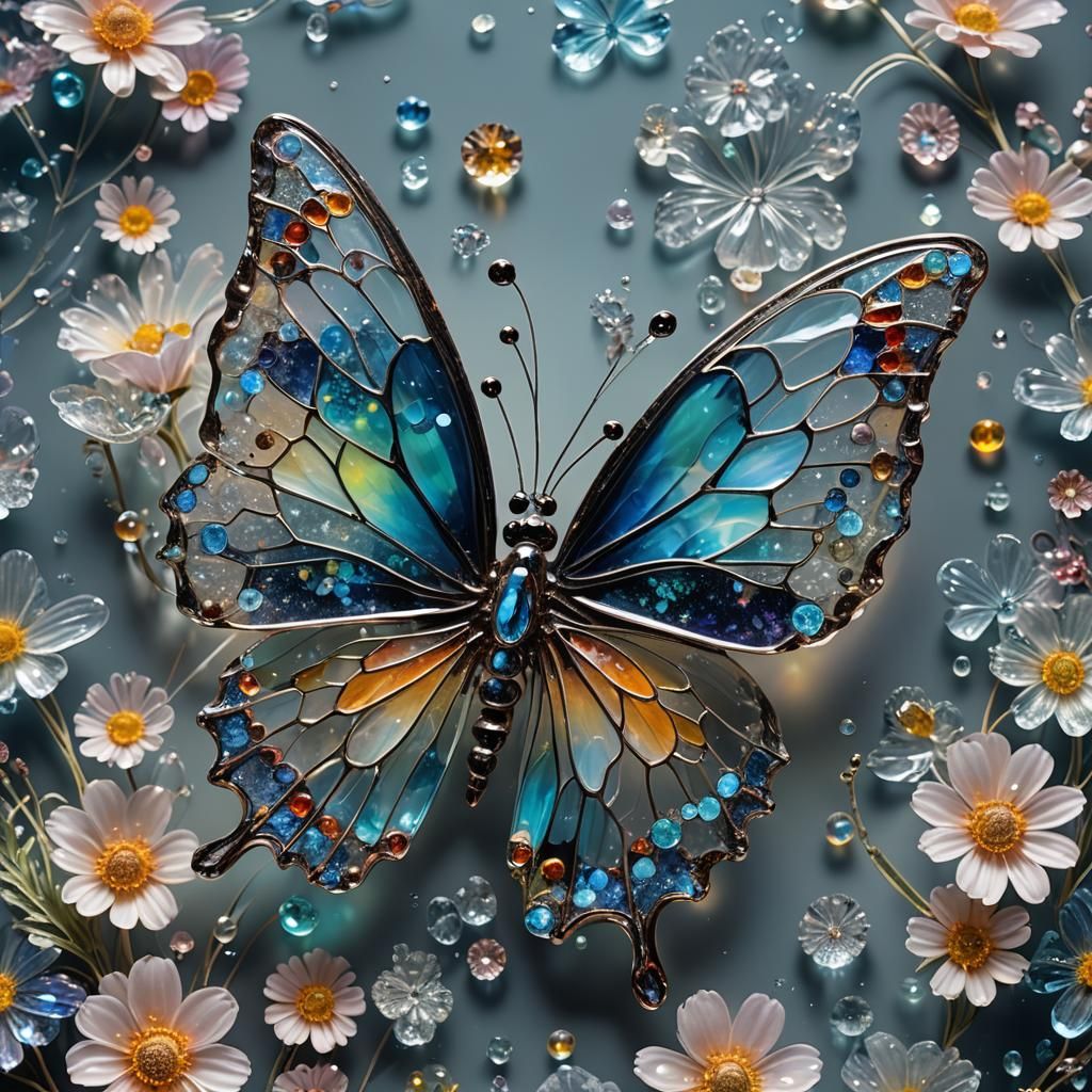 Bioluminescent Butterfly on Crystalline Flower: Glass Art