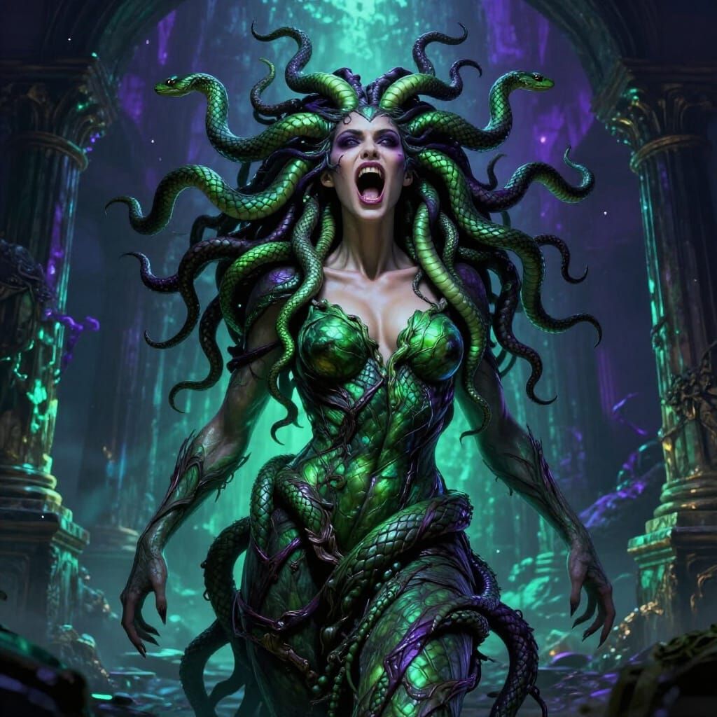 Screaming Medusa with Tree Trunk Body in Dark Fantasy Style