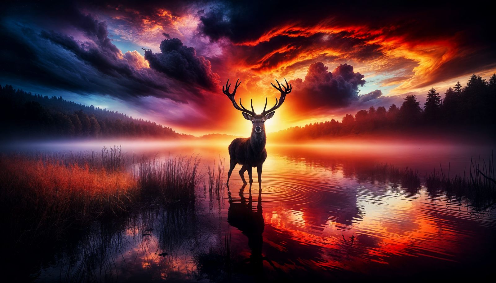 Majestic Deer Silhouette at Misty Lake Sunset