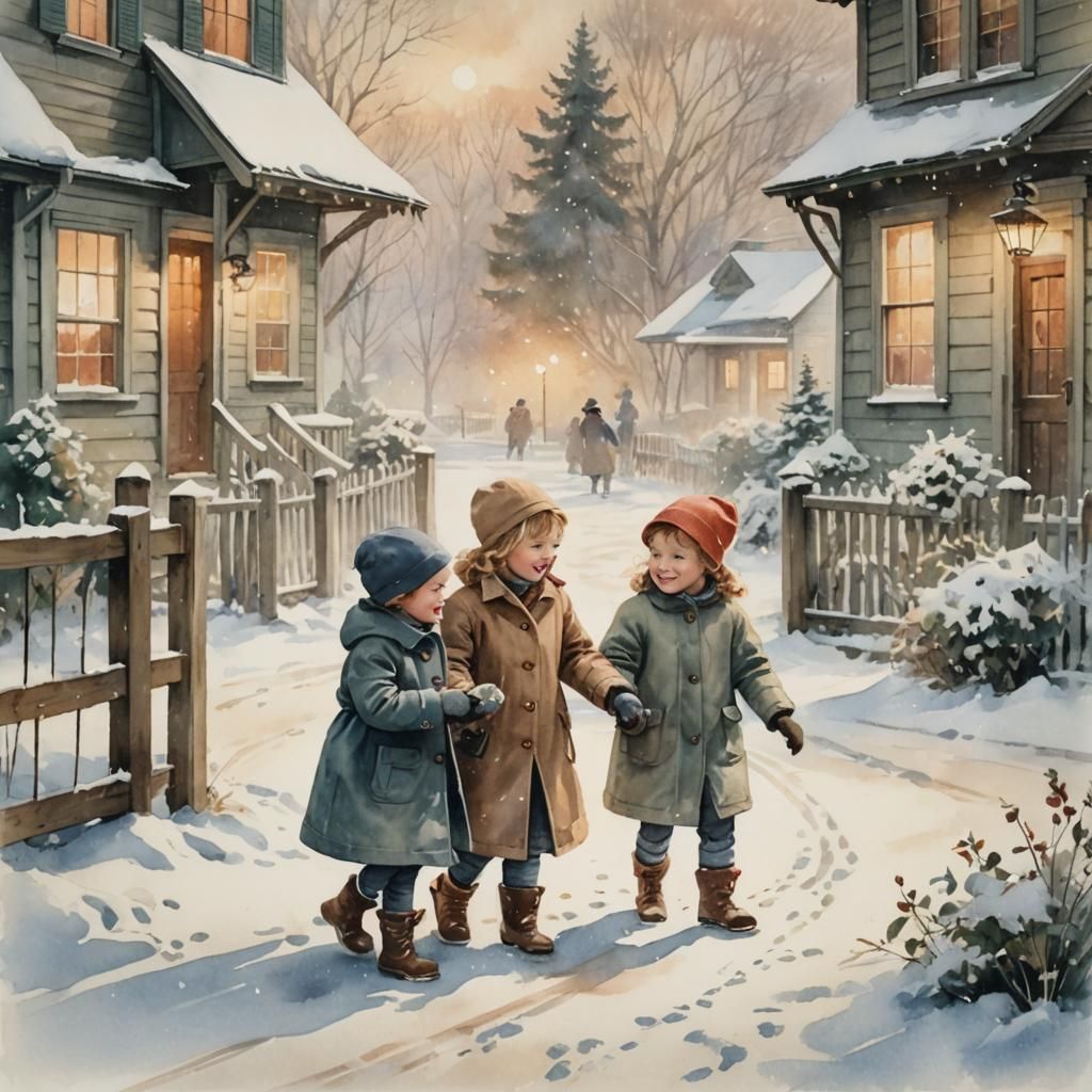 Children's Snow Day in Antique Watercolor Style