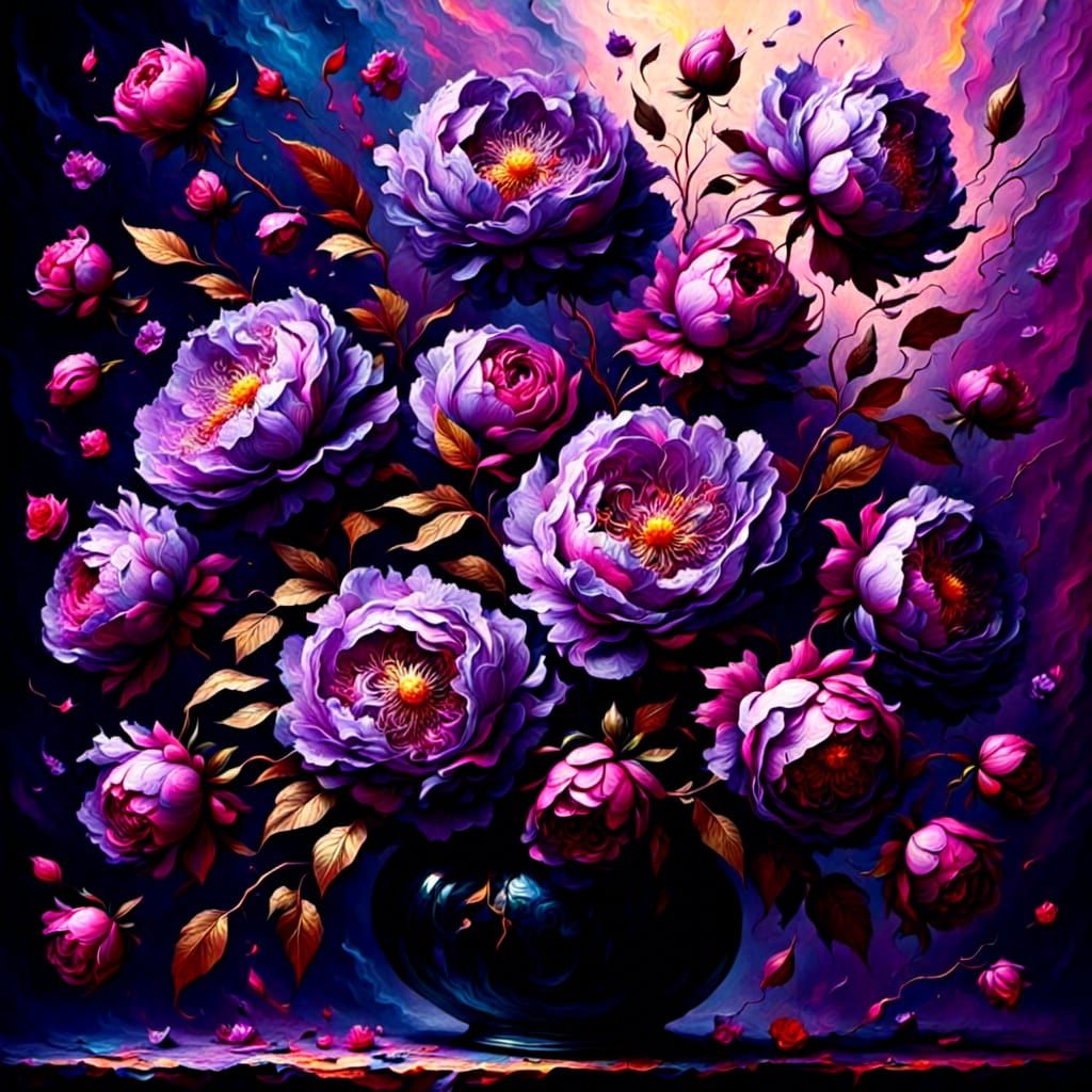 Exploding Purple Peonies in Crackled Glass Vase