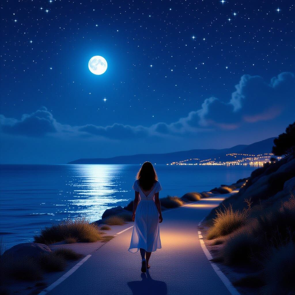 Woman Walks Moonlit Path Beside Sea Under Starry Summer Nigh...