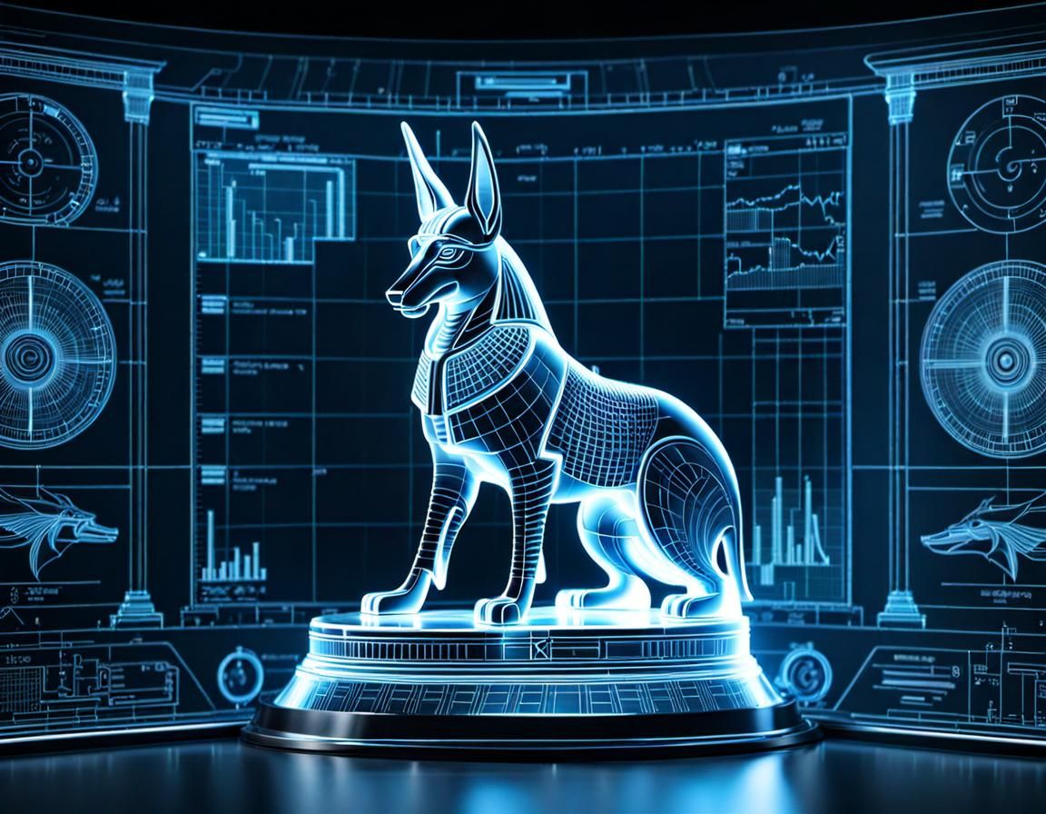 Ornate 3D Hologram Blueprint of Anubis