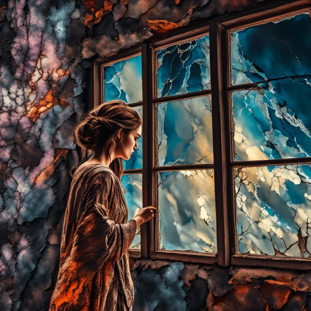 Woman Gazing at Post-Apocalyptic World in Pastel Art