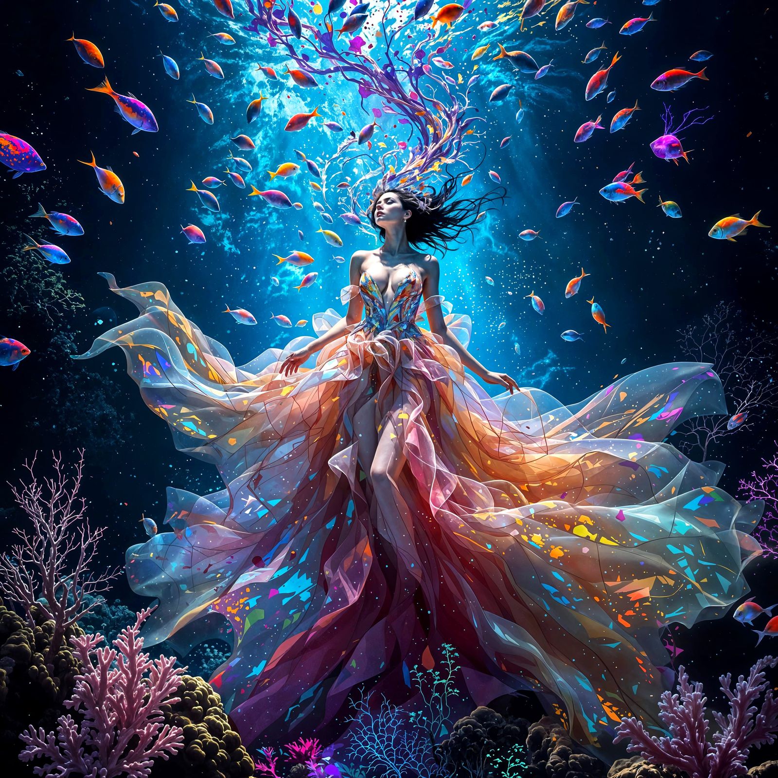 Splendid Underwater Goddess in Vibrant Inkt Splatter Art