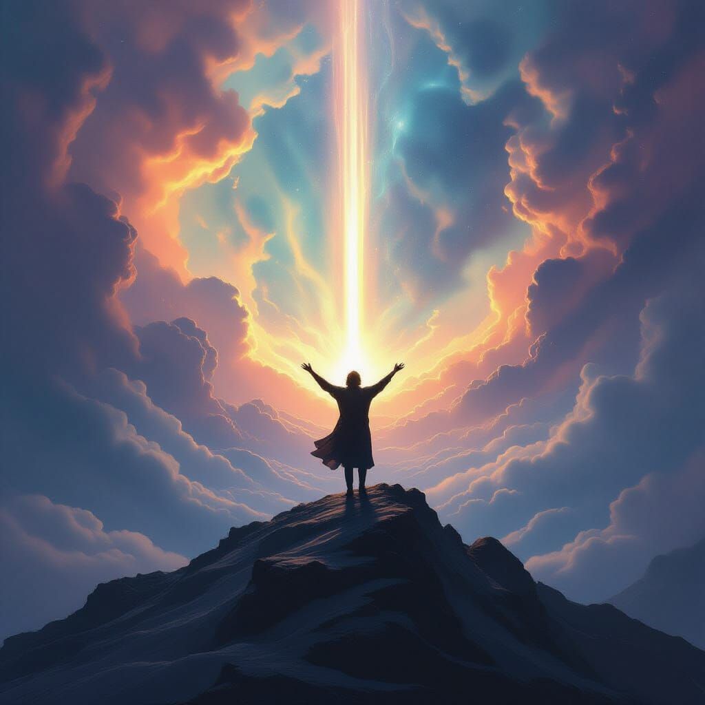 Figure Embracing Cosmic Nebula on Windswept Mountain