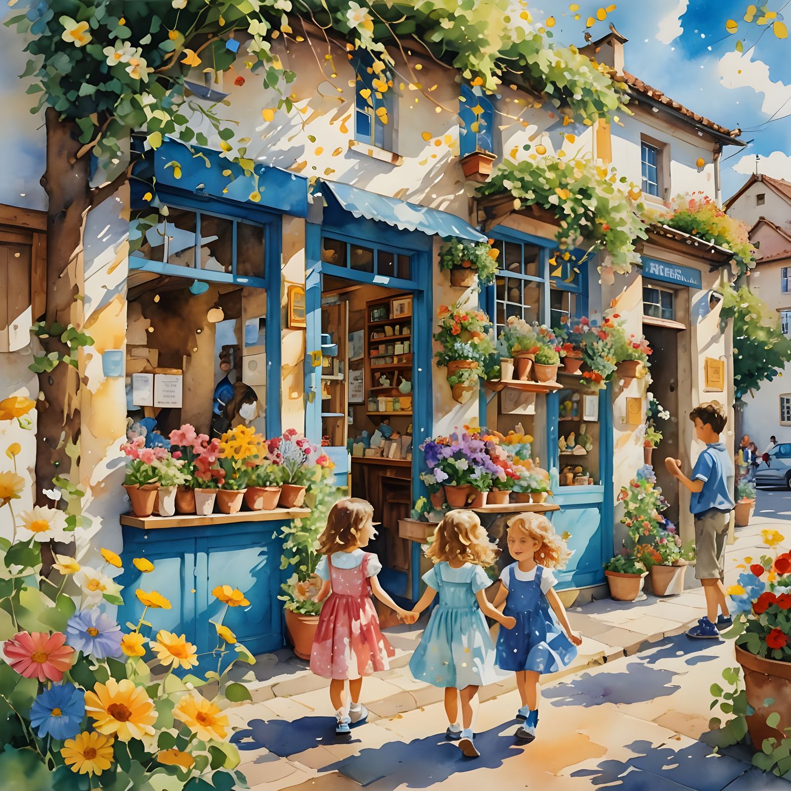 Vibrant Flower Shop Scene in Gustav Klimt Style Watercolor