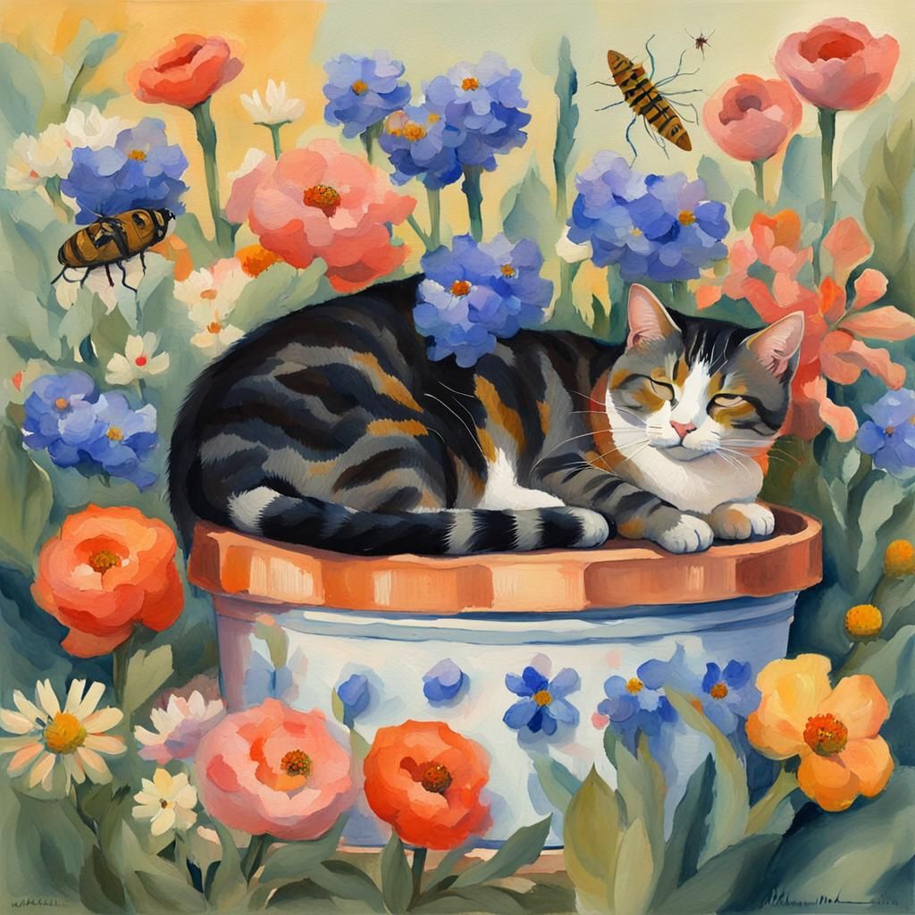 Cat Nap in Gouache Style with Flowers