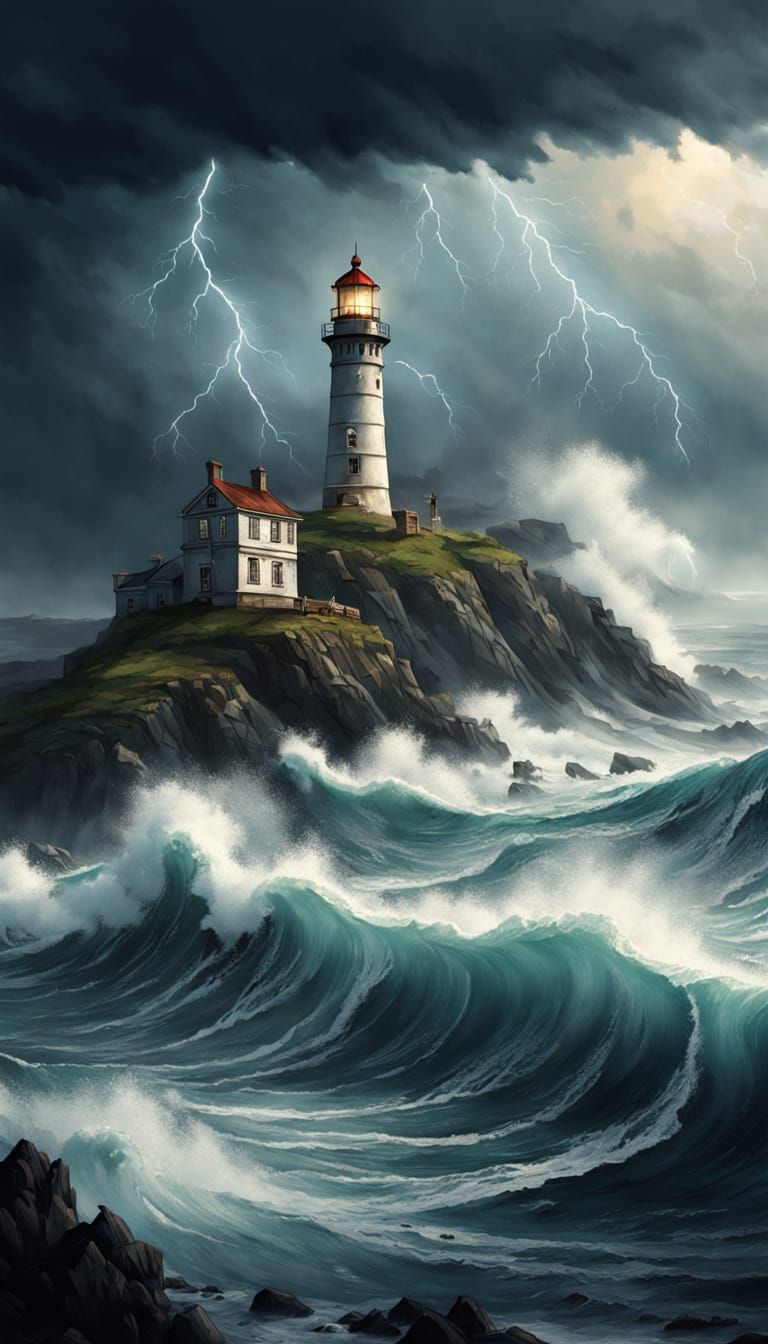 Stormy Seas: Lighthouse and Pirate Ship in Watercolour