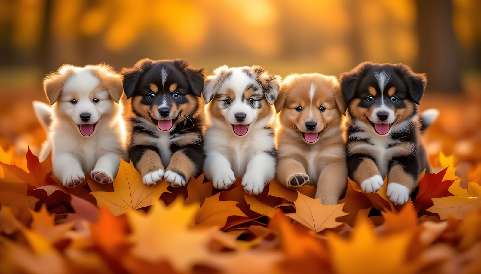 Puppies Joyfully Jump into Autumn Leaves