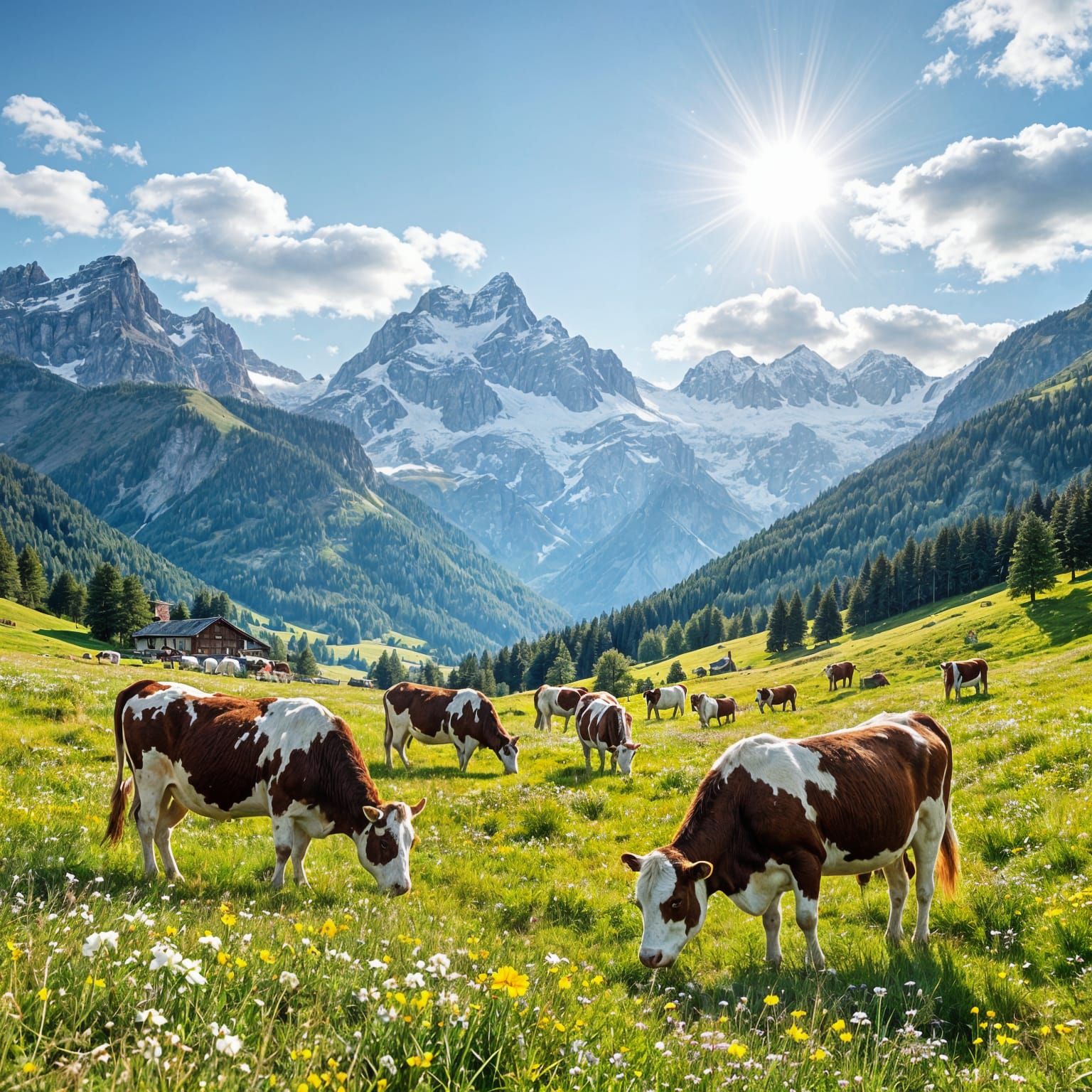 Serene Alpine Landscape with Grazing Cows and Snow-Capped Pe...
