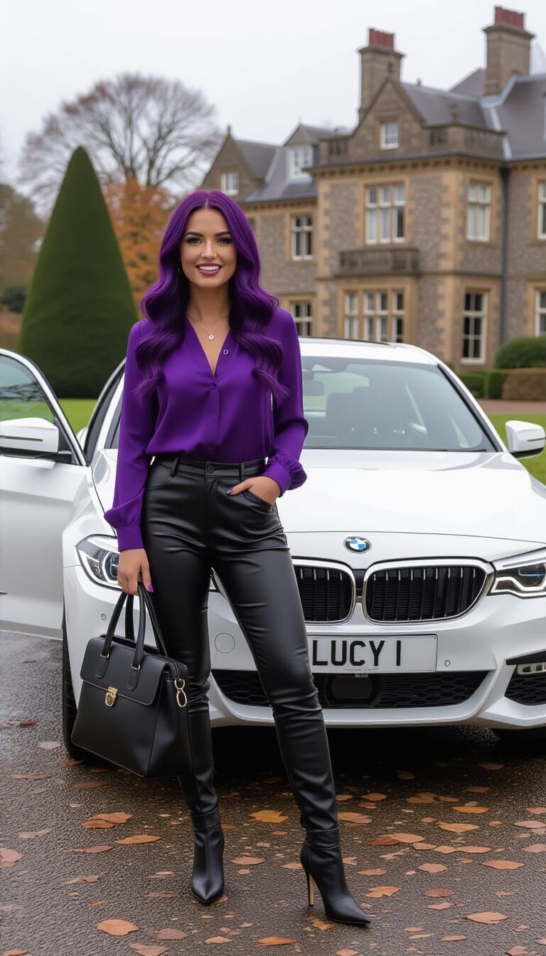 Woman In Purple Arriving At English Mansion