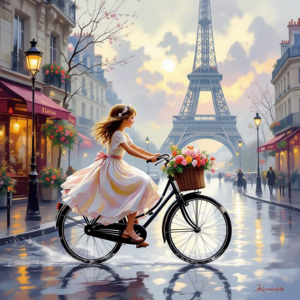 Girl on Bicycle Near Eiffel Tower, Ethereal Style