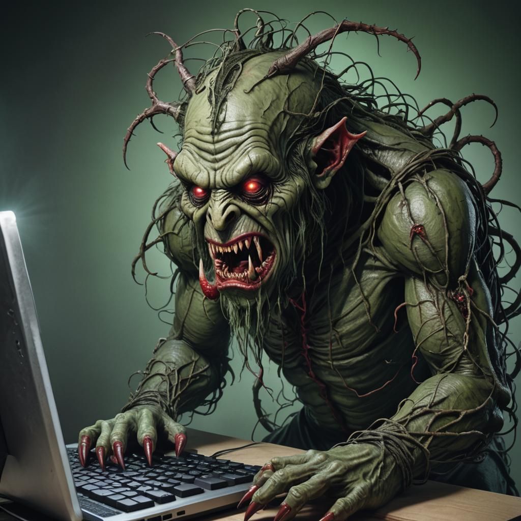 A hyperrealistic malevolent, evil internet troll. It has a grotesque, dark green, and fleshy appearance with a head shap...