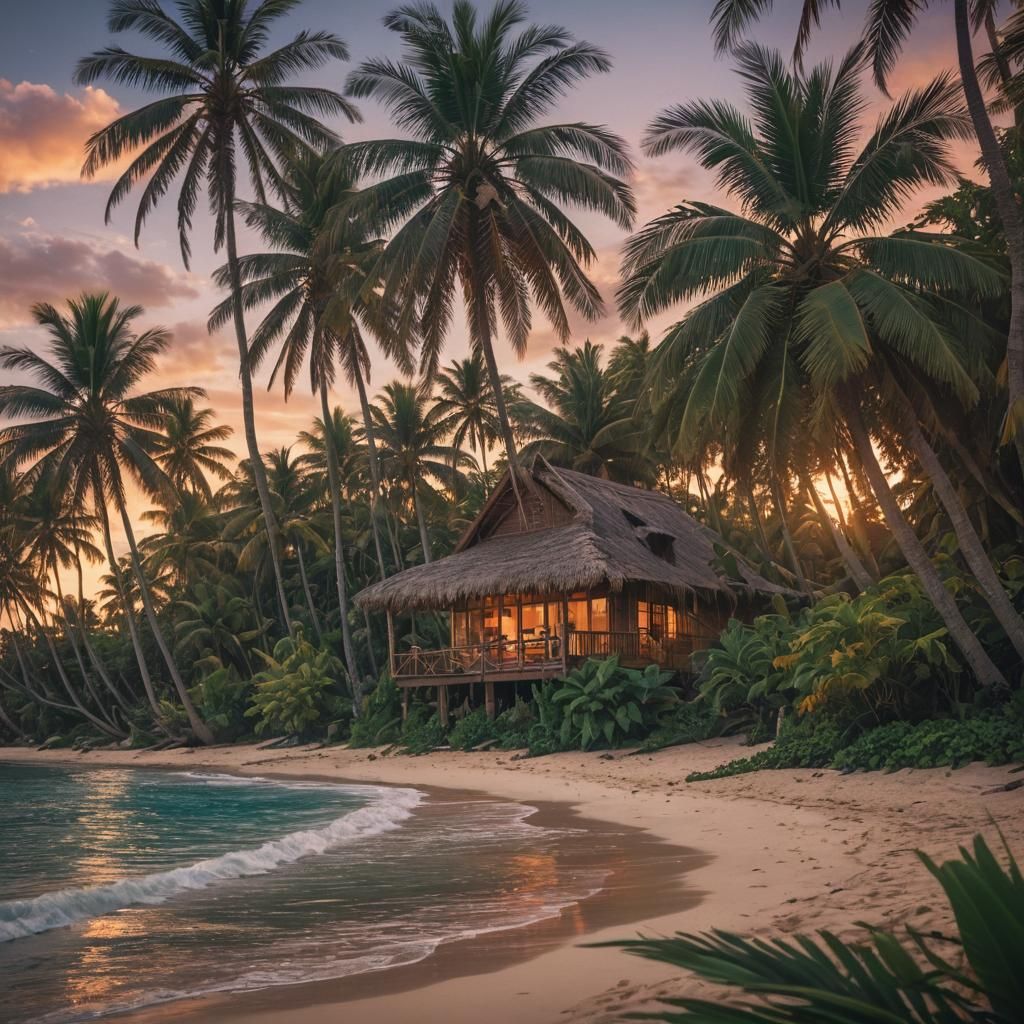 Tropical Beach at Sunset: Detailed Digital Painting