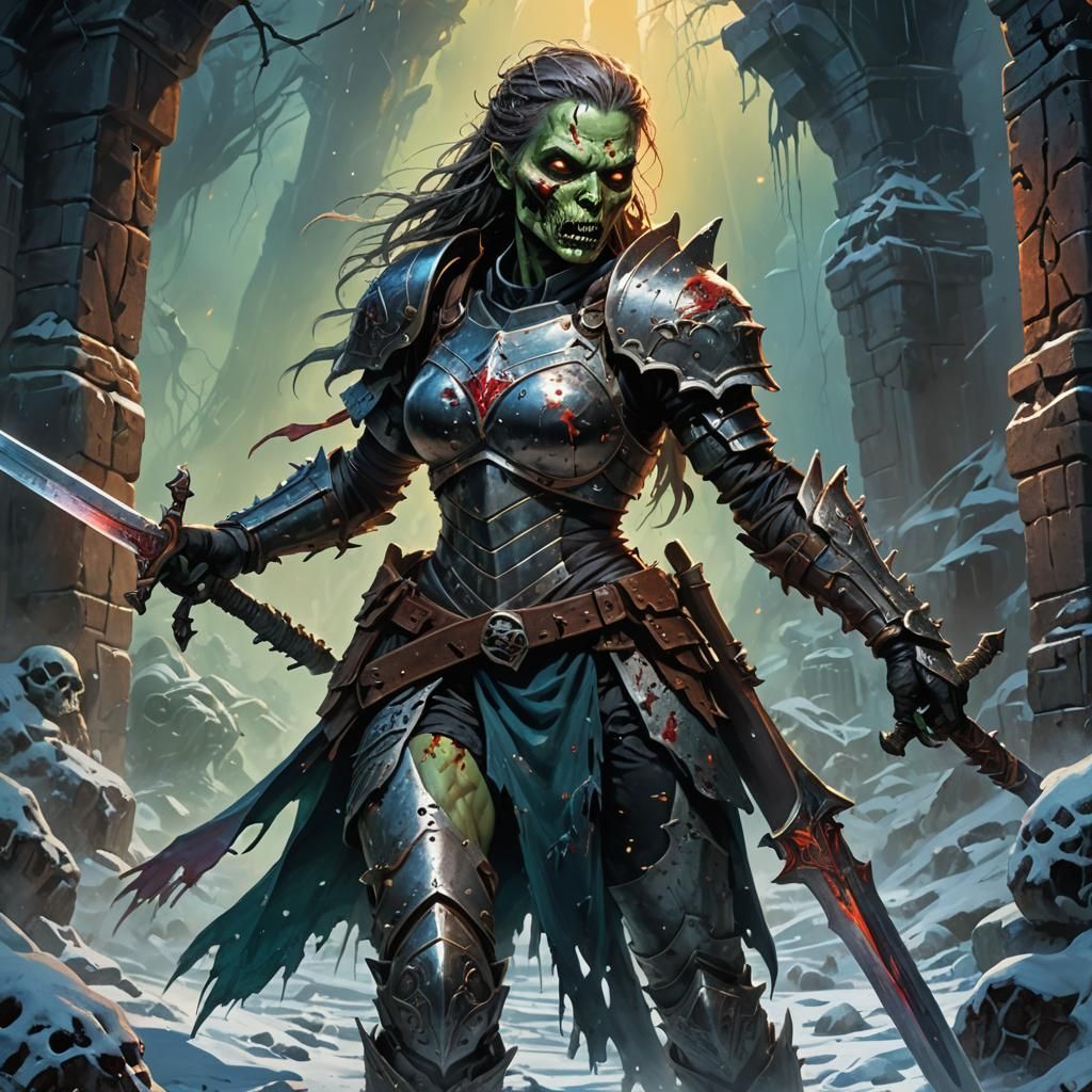 Armored Zombie Warrior with Sword in Hyperrealistic Style