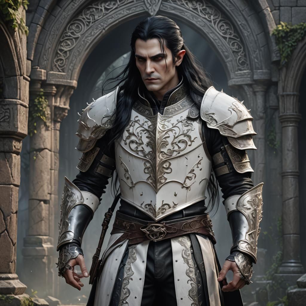 Elven Vampire in White Armor, Detailed Fantasy Art