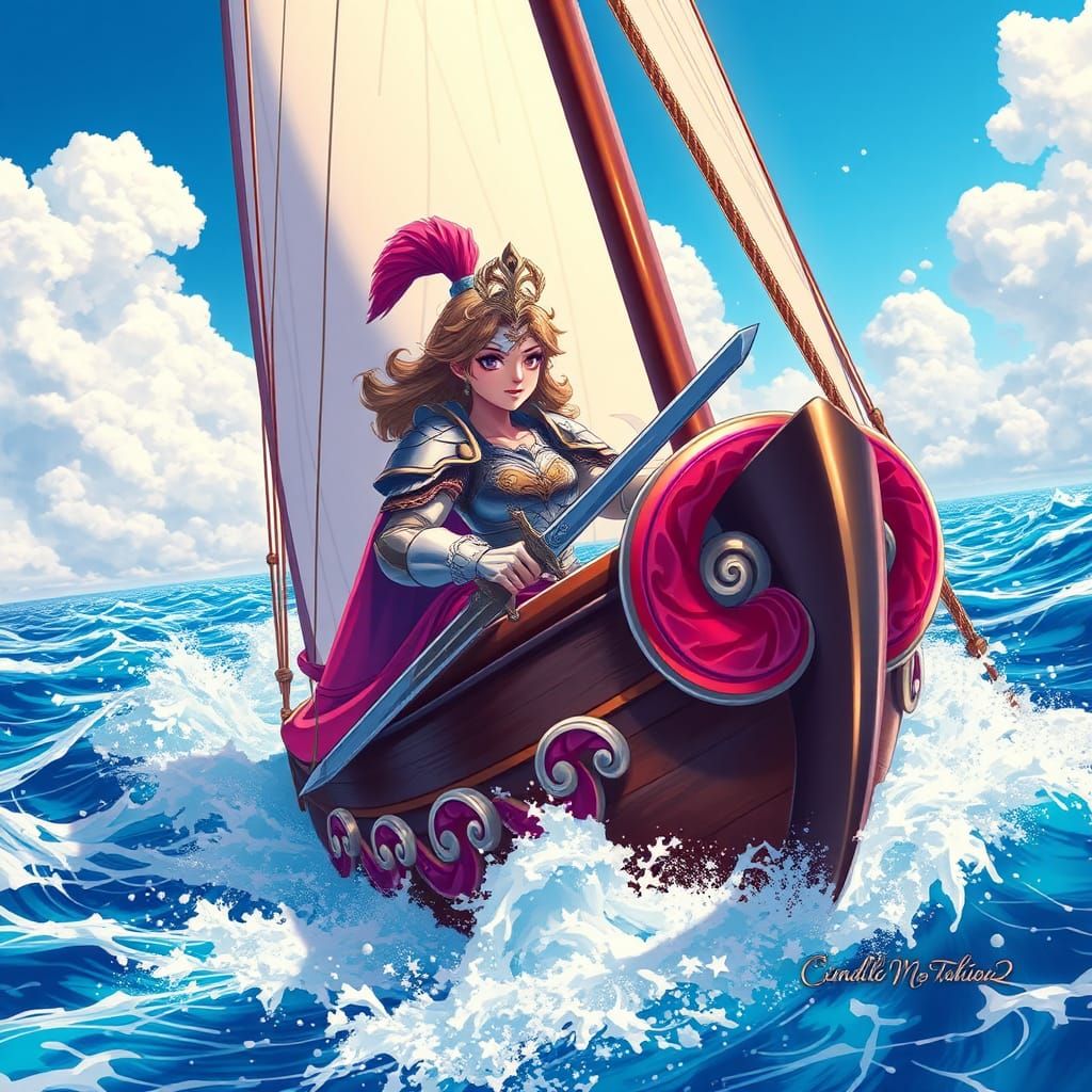 Warrior Princess Navigating Seas in Candyland Style