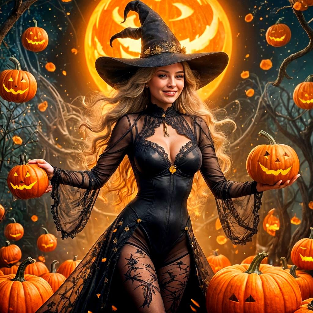 Mature Hollywood Witch Flies on Pumpkin in Matte Painting