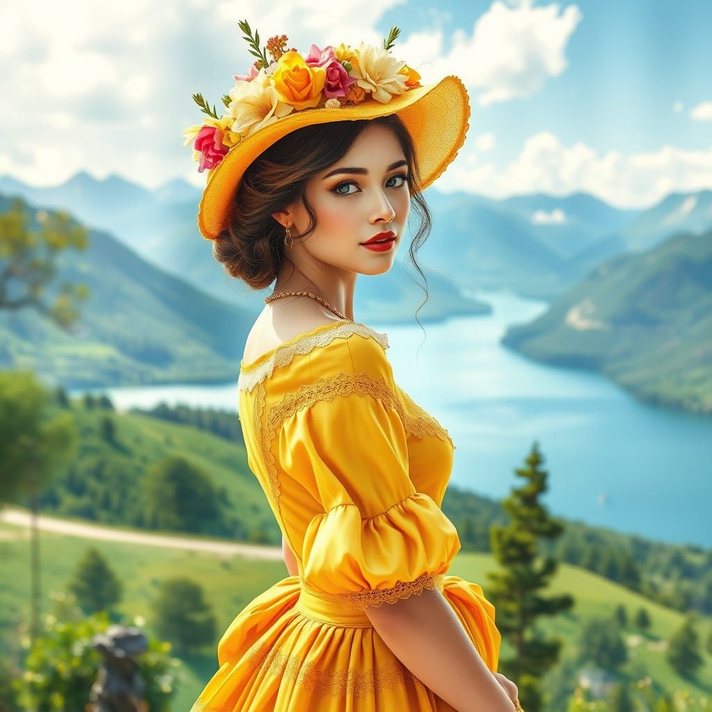 Elegant Victorian Woman in Sunshine-Yellow Dress and Hat