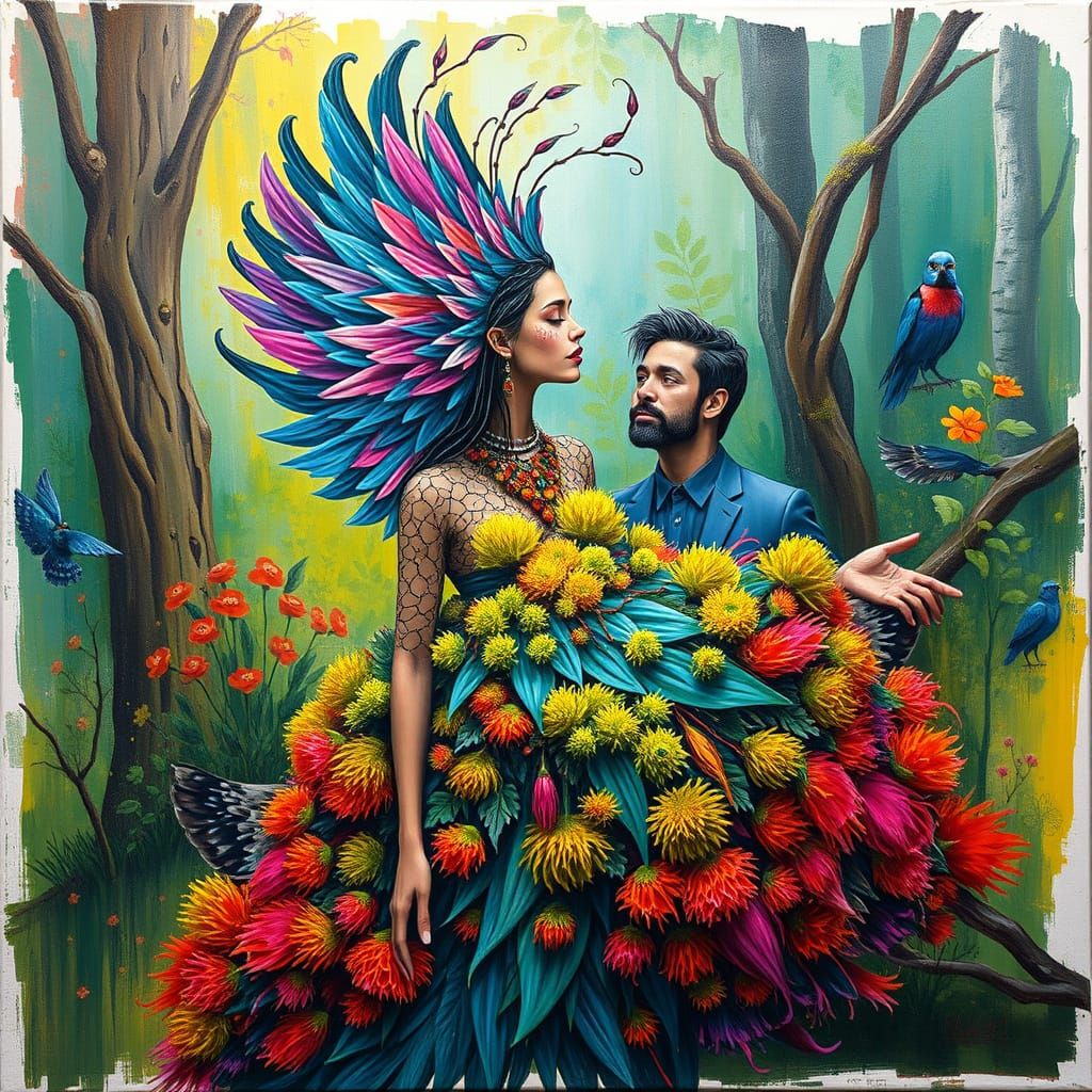 Symbiotic Woman in Moss Dress: Expressive Acrylic Painting