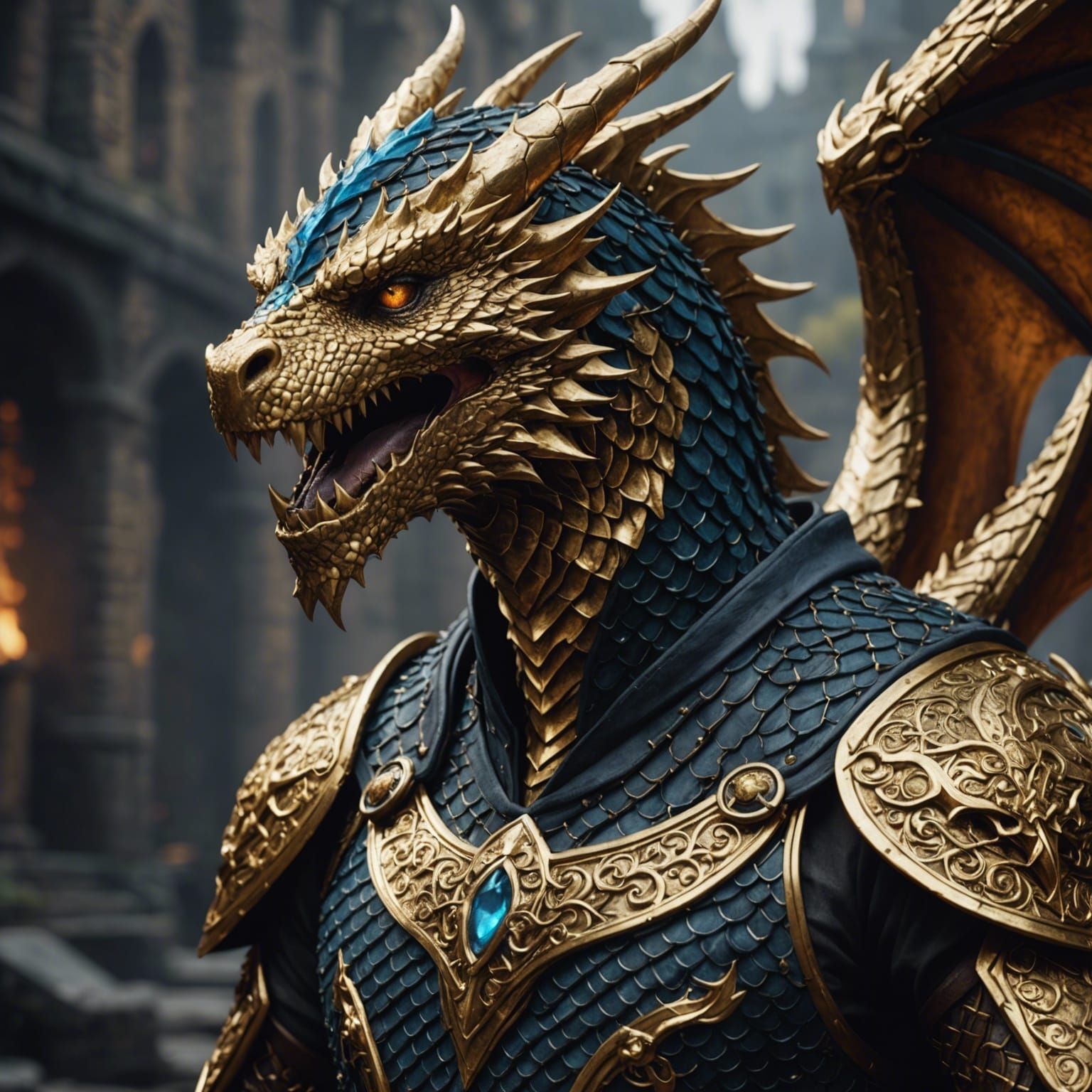 Half-Dragon Humanoid in Gold Chainmail: Fantasy Art