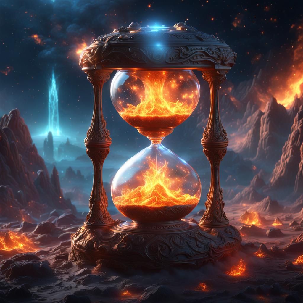Ethereal Alien Hourglass Filled with Fire and Stars