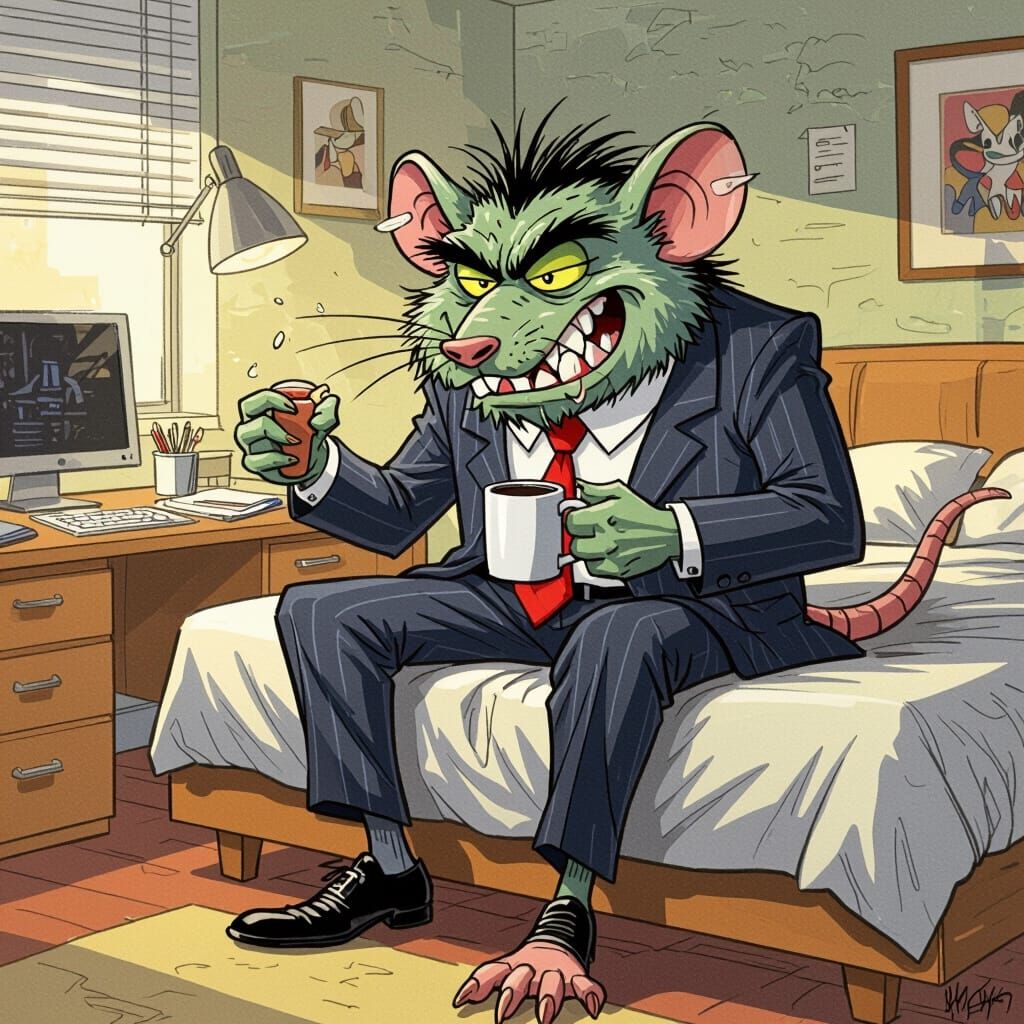 Ratfink Monster in Business Suit in Modern Bedroom as Ed Rot...