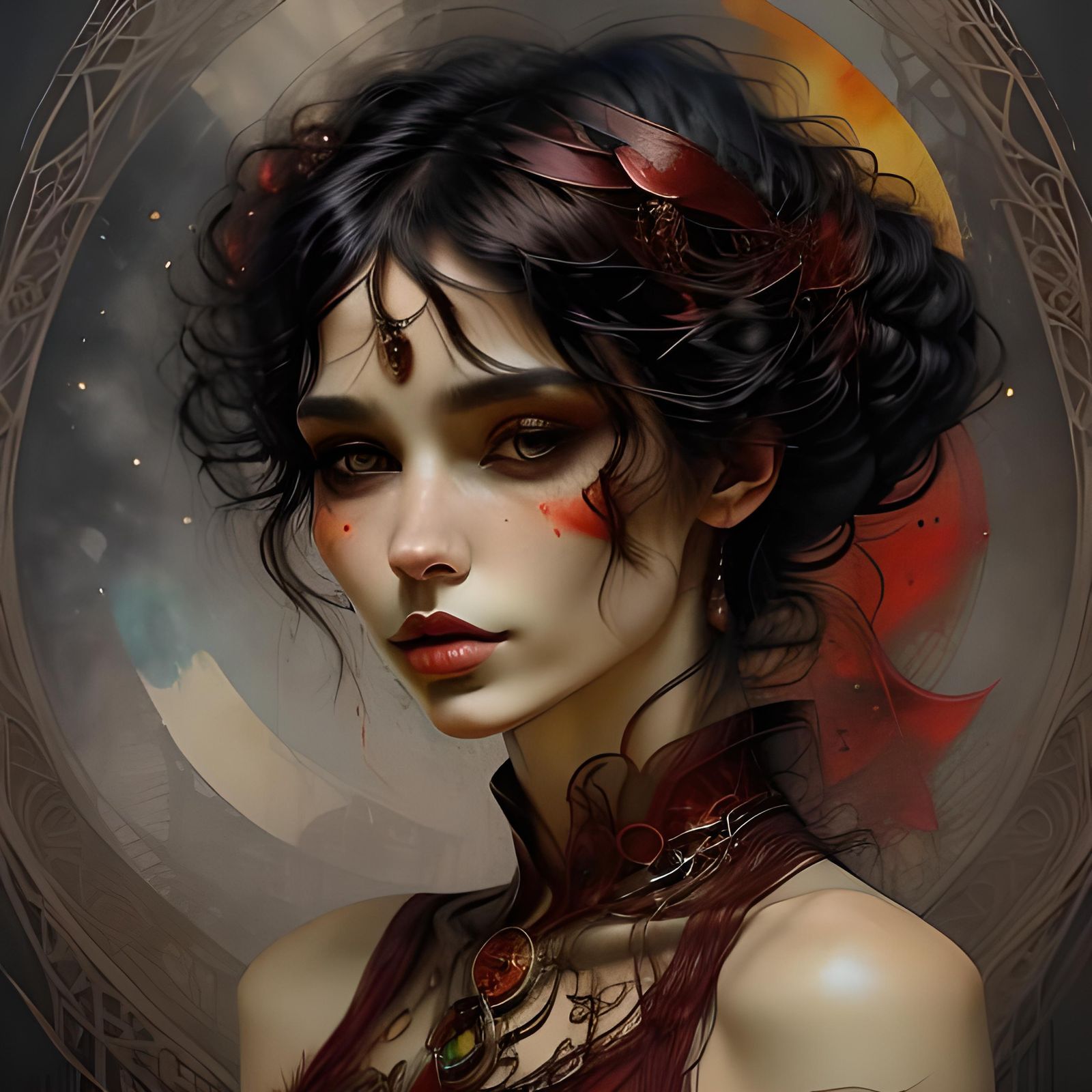 Woman with Pixie Cut in Opulent Red Hall