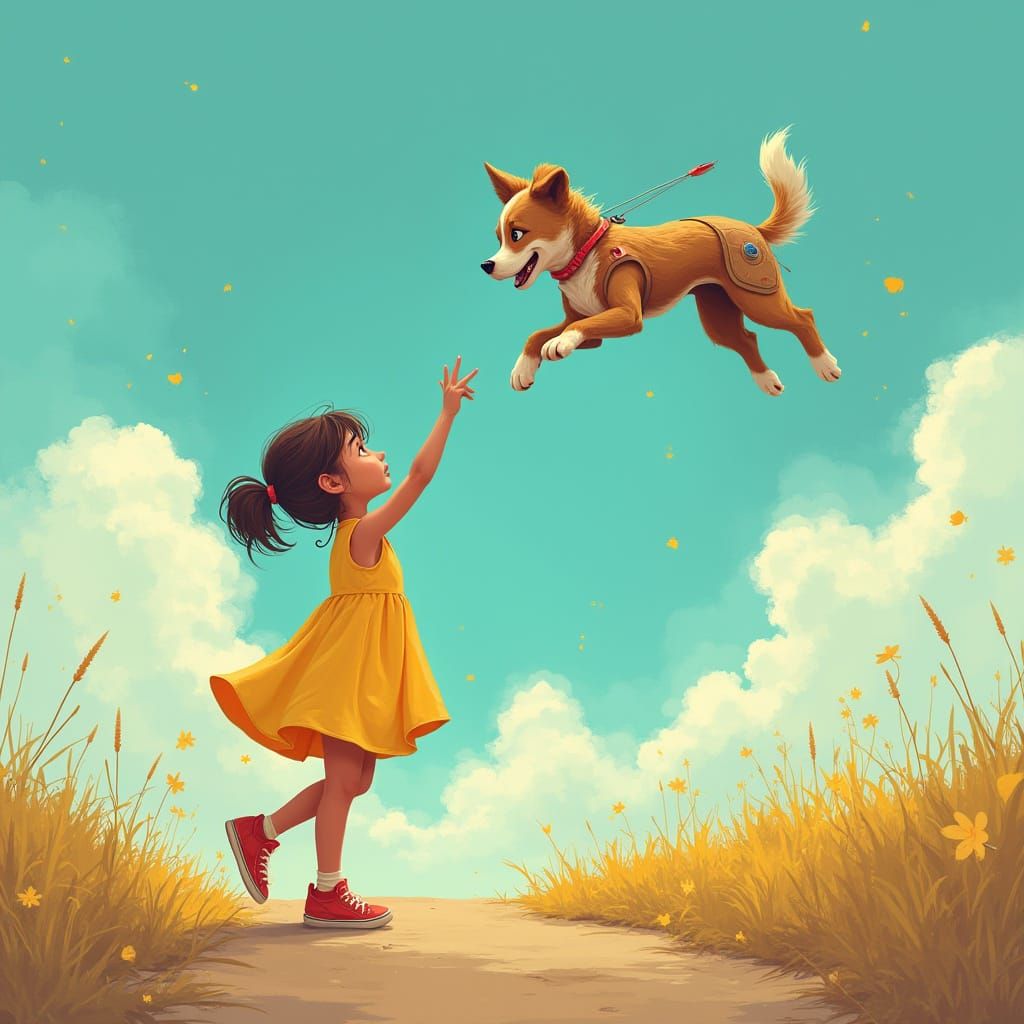 Girl and Puppy in Dreamy Sci-Fi Scene