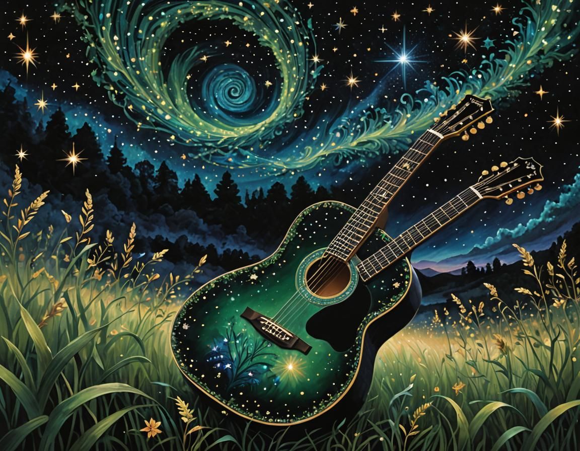 Guitar and Stars in Lush Landscape
