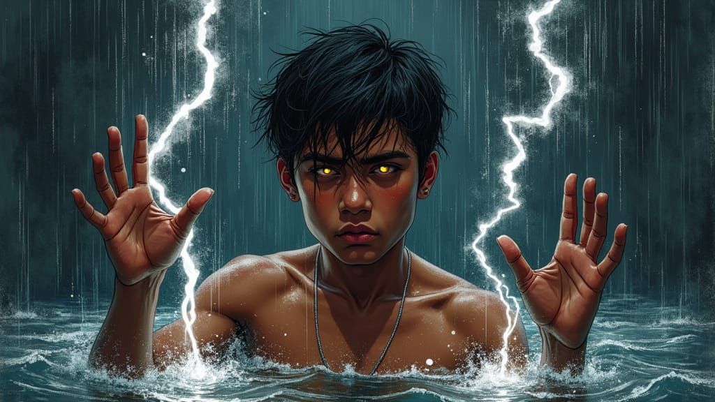 Cyberpunk Man Rises from Water with Lightning