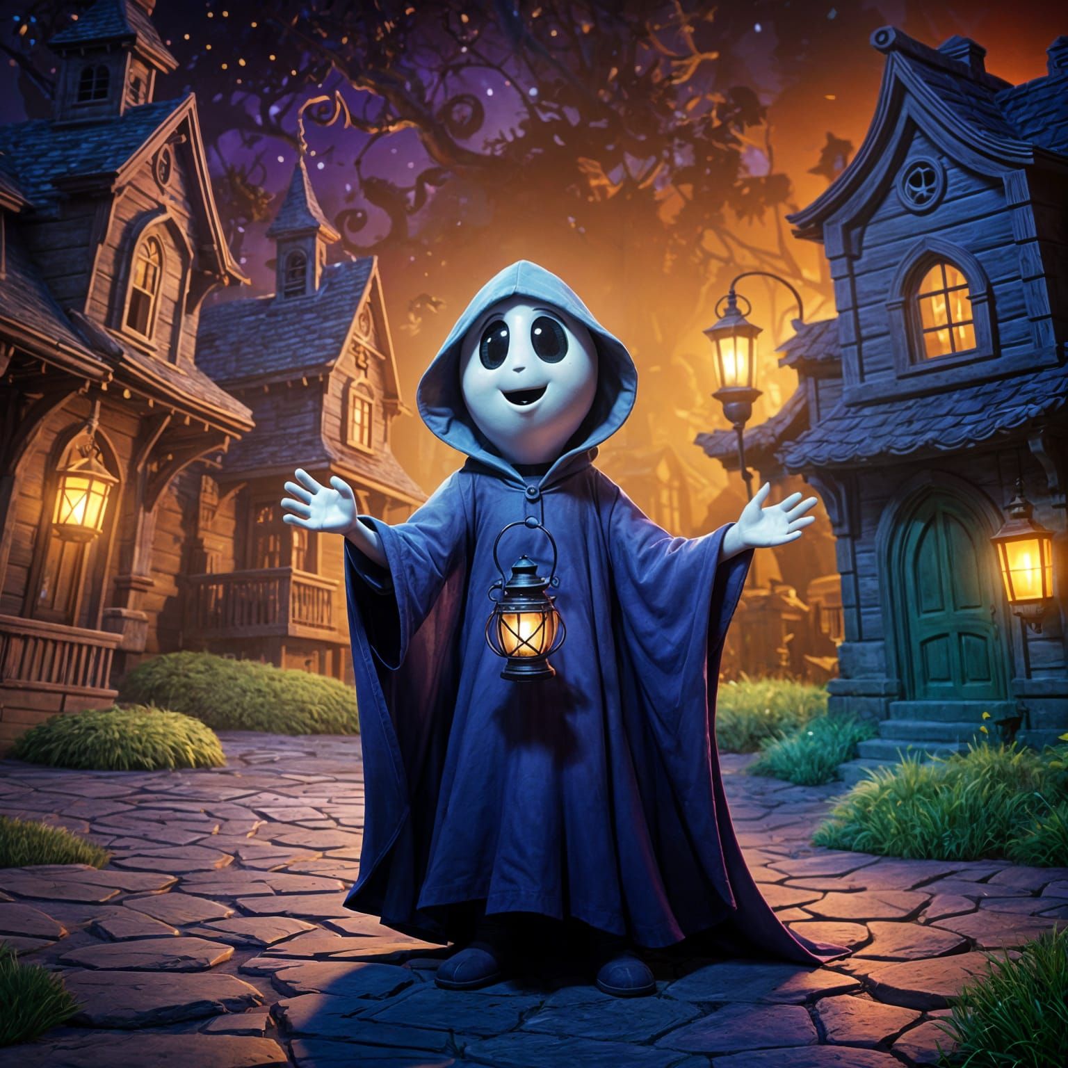 Cute Spooky Ghost Exploring Haunted House