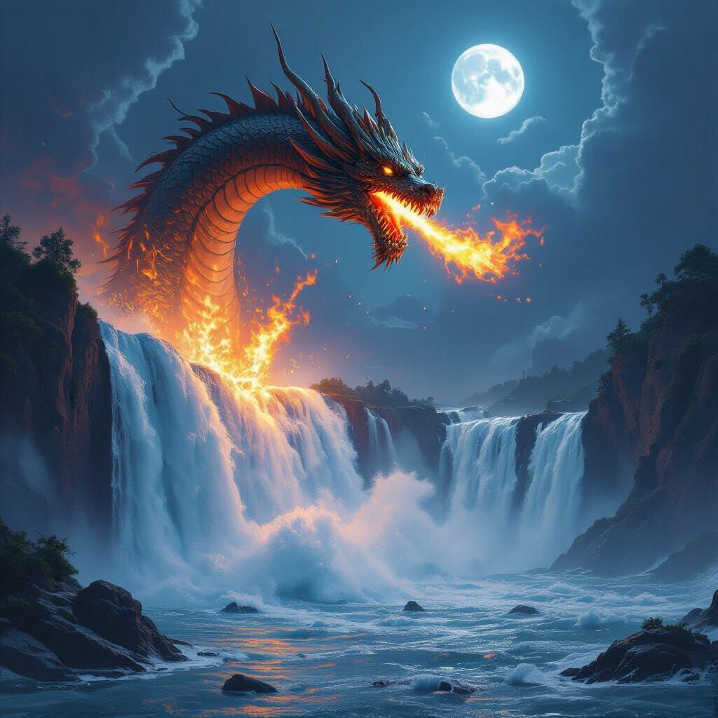 Majestic Dragon Emerges from Waterfall, Fantasy Concept Art