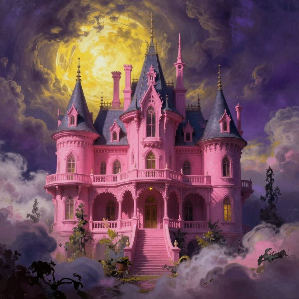 Gothic Pink Mansion Amidst Clouds in Frazetta Style