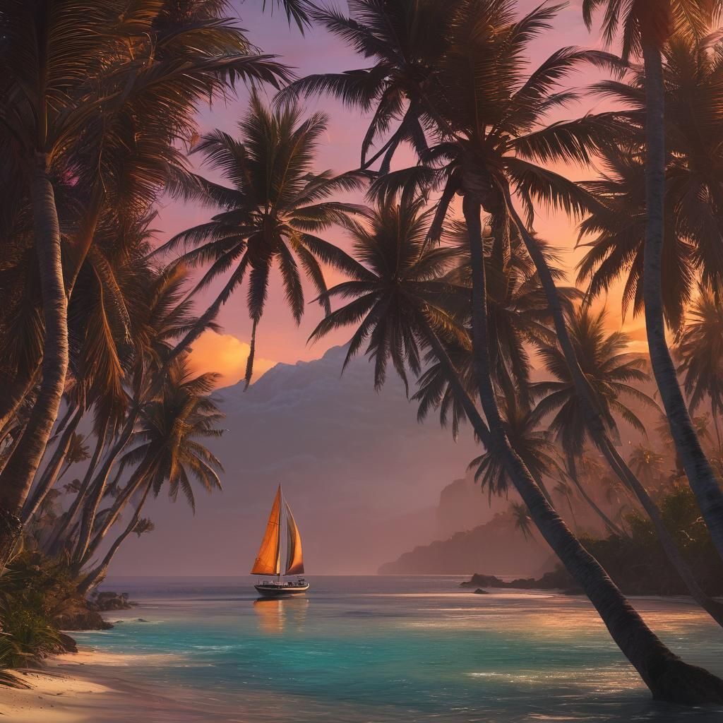 Tropical Beach Sunset in Fantasy Matte Painting Style