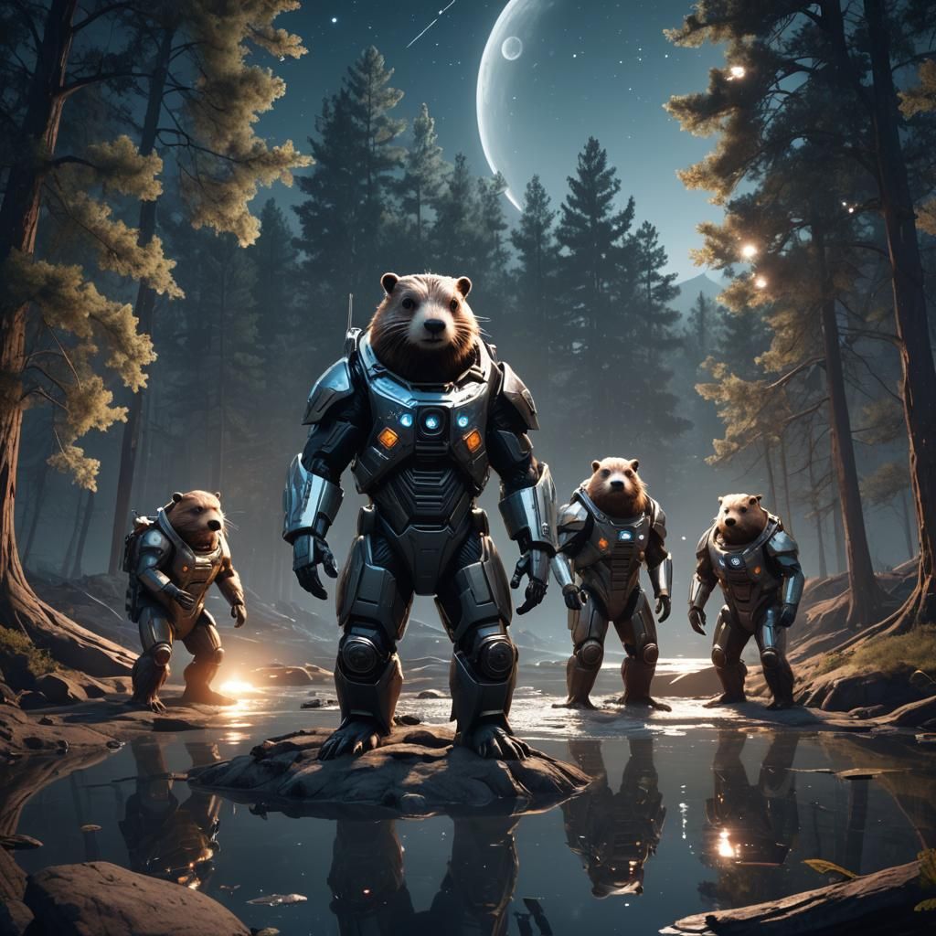 Sci-Fi Beavers Build Dam Under Starry Night