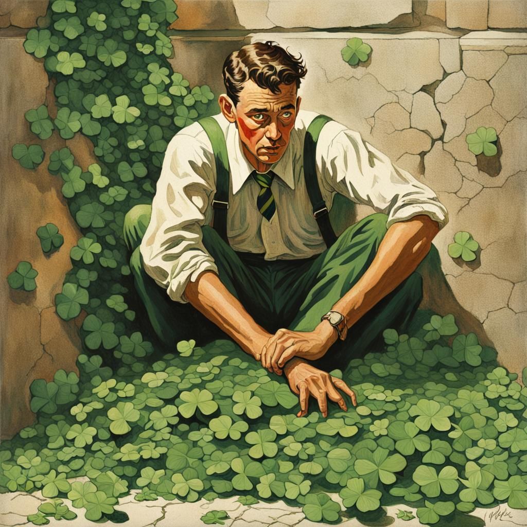 Man Overwhelmed by Clover Vines in Rockwell Style
