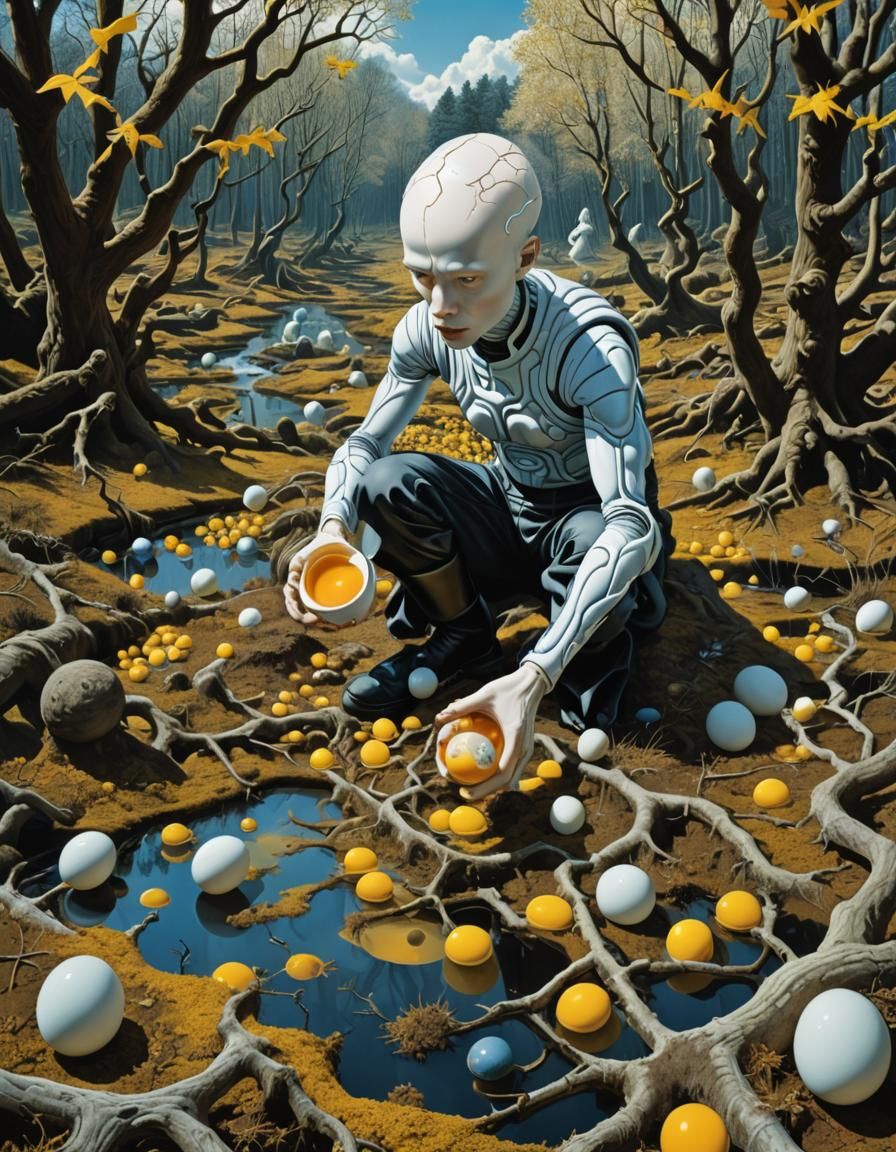 Post-Apocalyptic Cybernetic Human in Escher Labyrinth