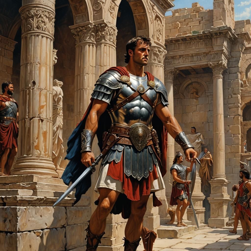 Gladiator in Roman Architecture, Detailed Oil Painting