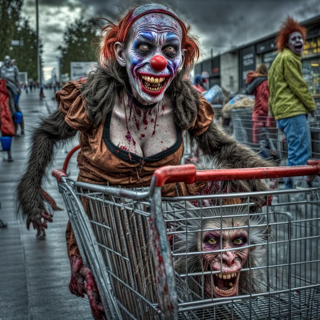 Zombie Clown Woman with Shopping Cart