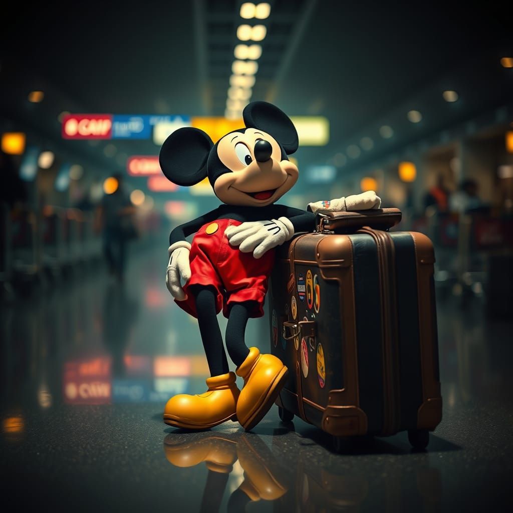 Exhausted Mickey Mouse Amidst Airport Chaos