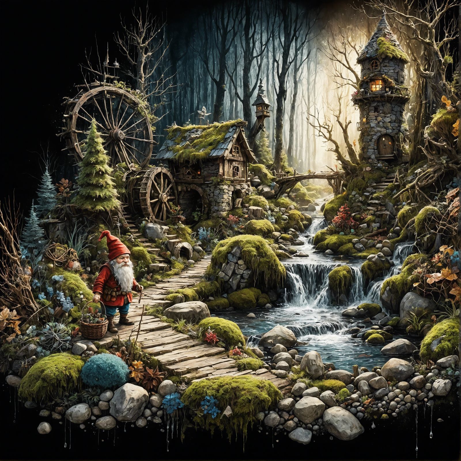 Fantasy Forest Scene with Gnome in Mixed Media