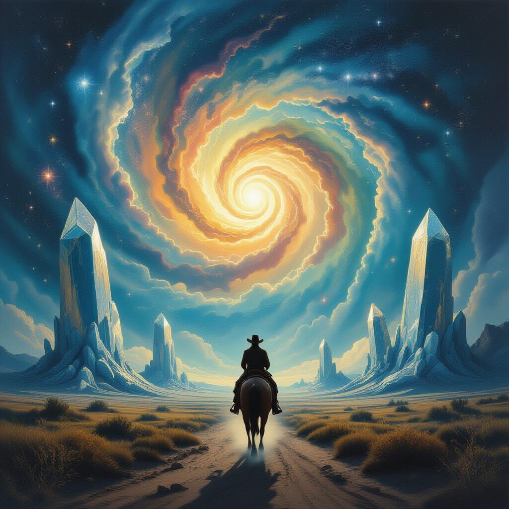 Lone Cowboy Explores Cosmic Dreamscape with Crystal Trees