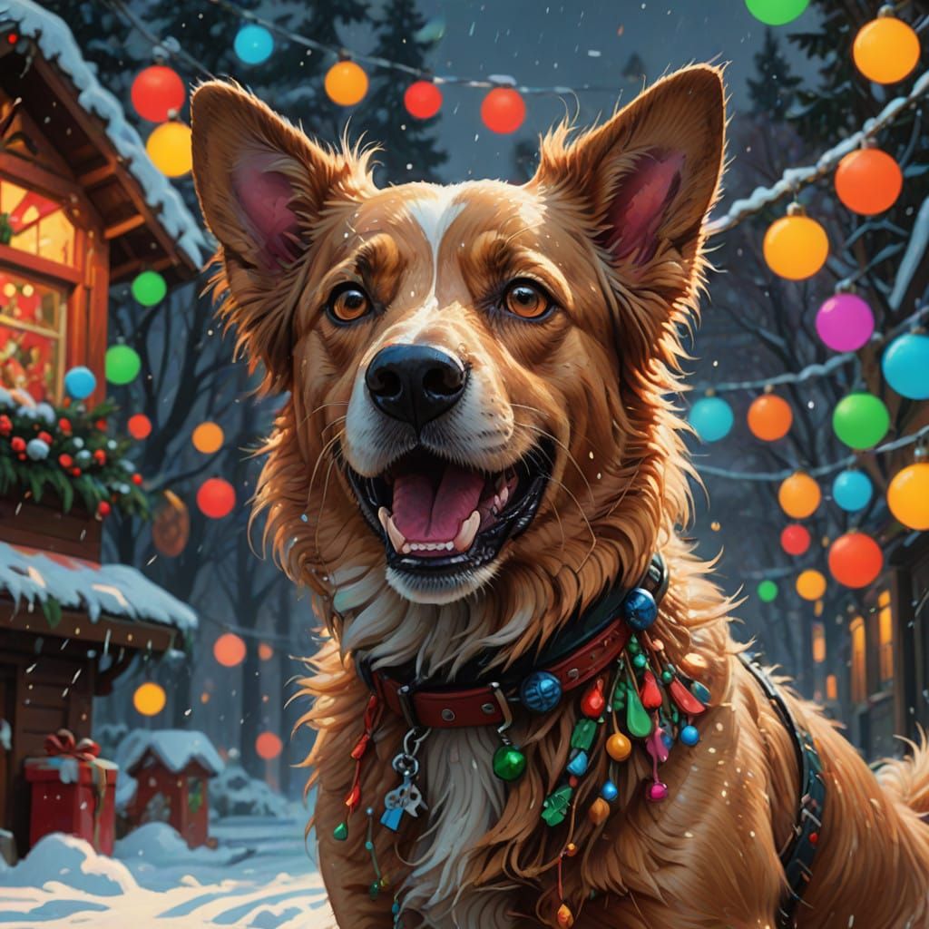 Surreal Hyperrealistic Dog Basks in Vibrant Christmas Wonder...
