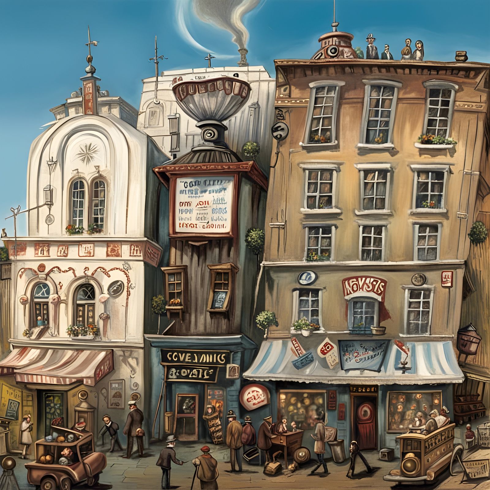 Dystopian Caricature Cityscape in Expressionist Style