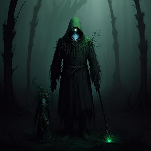 Eerie Forest Figure in Hyperrealistic Splash Art