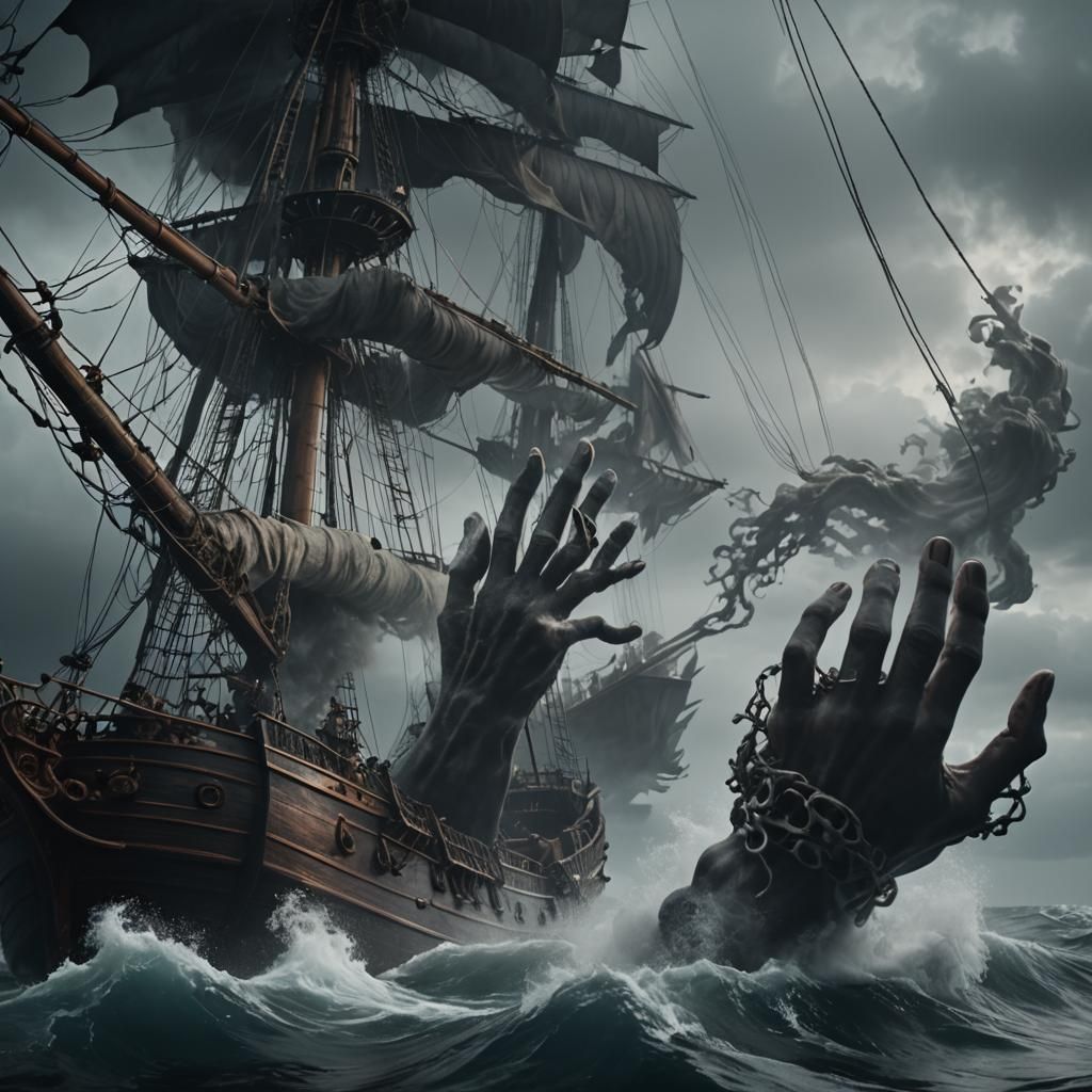 Ghostly Hand Emerges Holding Ship: Digital Art
