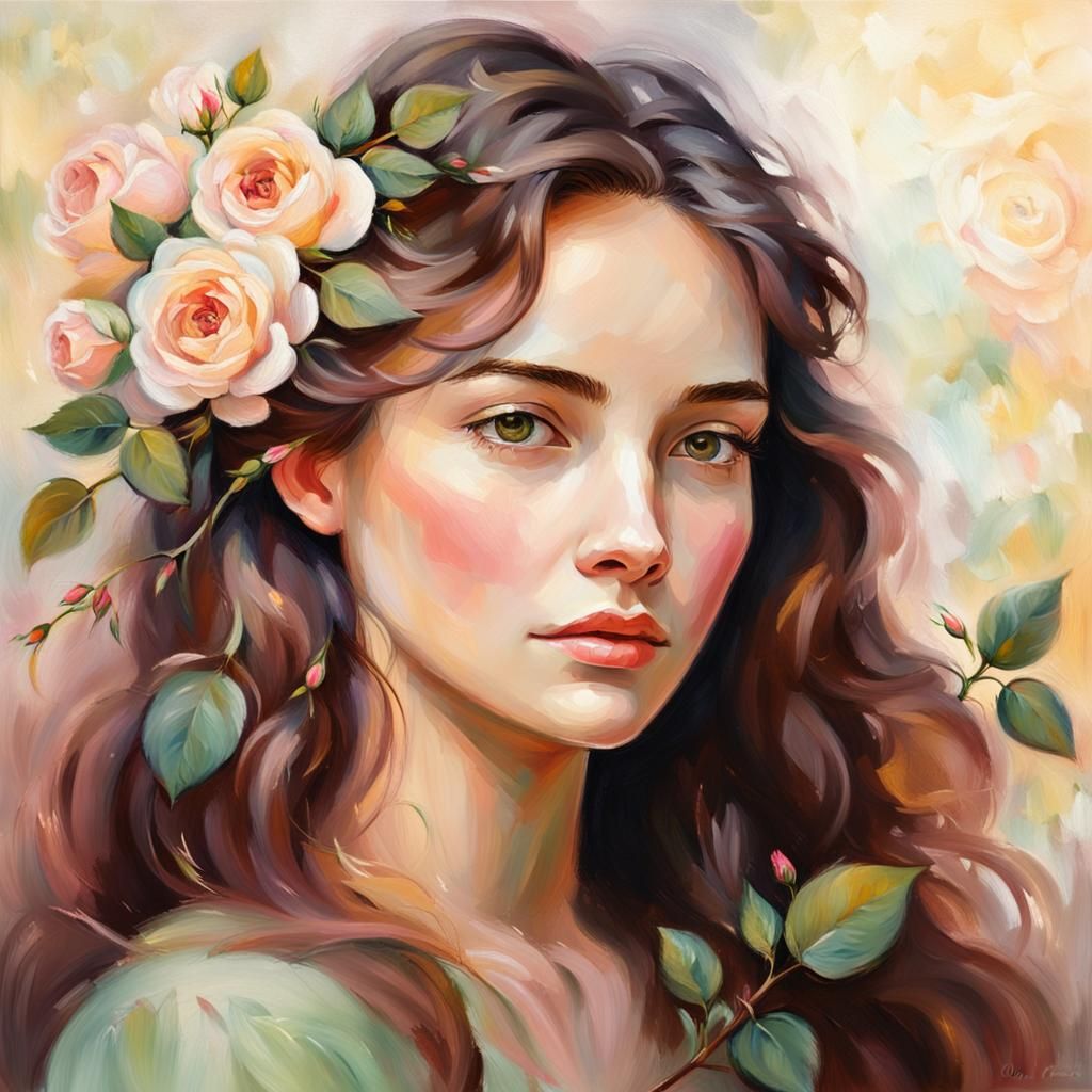 Romantic Woman with Roses Impressionist Oil Painting